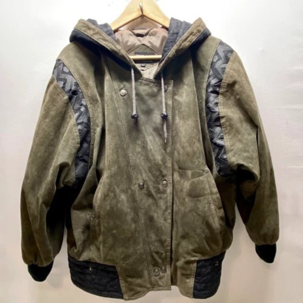 Vintage Pelle Milano Jacket Women's Large Olive‎ Green Leather Y2K Bomber Coat
